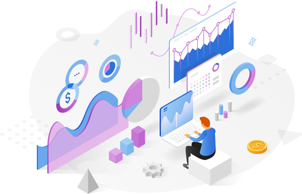 An illustration of a data analyst using a computer with large data visulations projected around them.