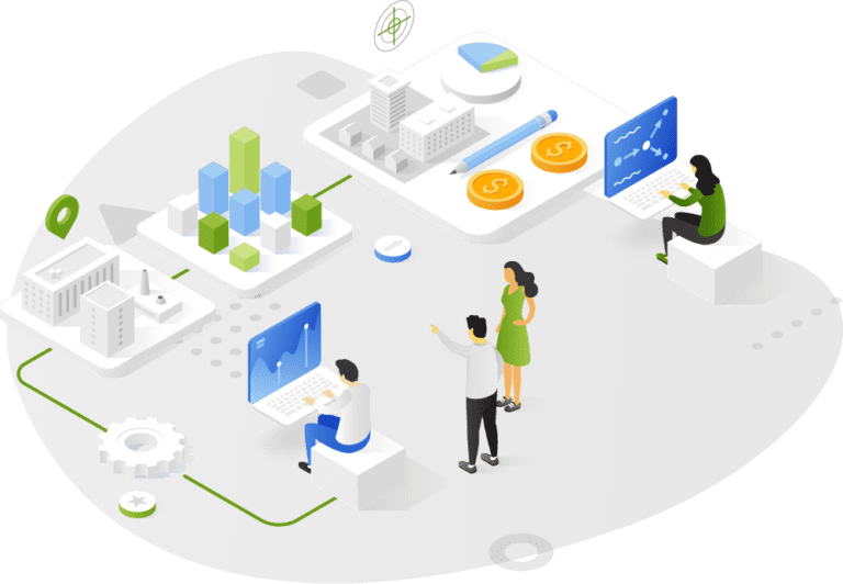 An illustration of several people working on computers connected to a value chain.