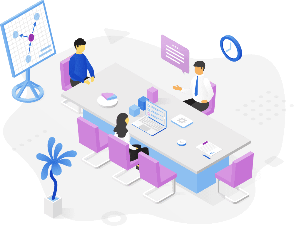 An illustration of people around a conference table having a meeting.