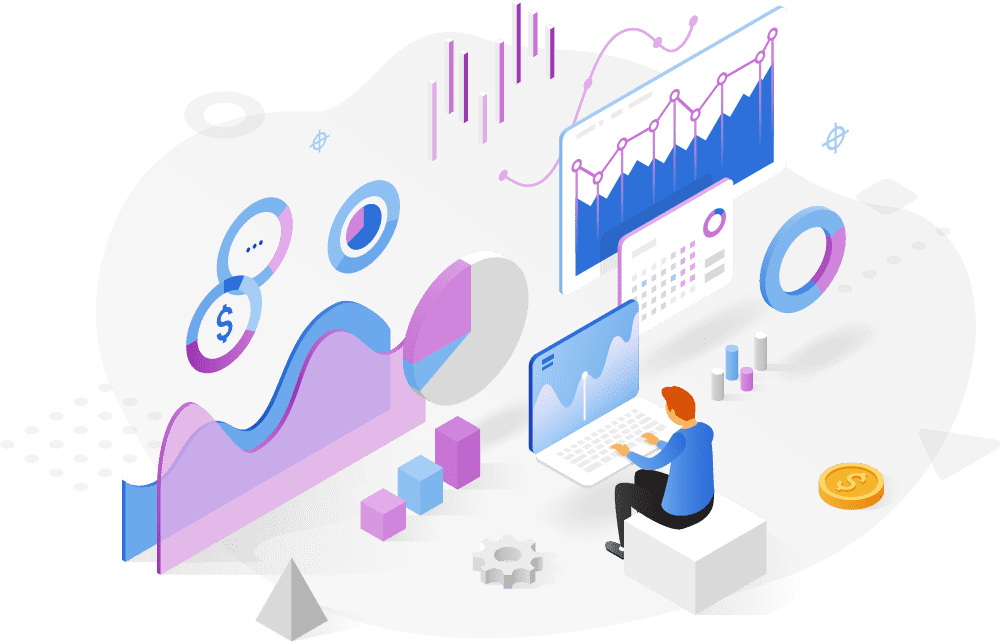 An illustration of a data analyst using a computer with large data visulations projected around them.