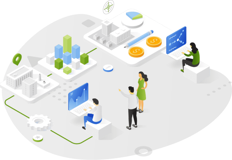 An illustration of several people working on computers connected to a value chain.