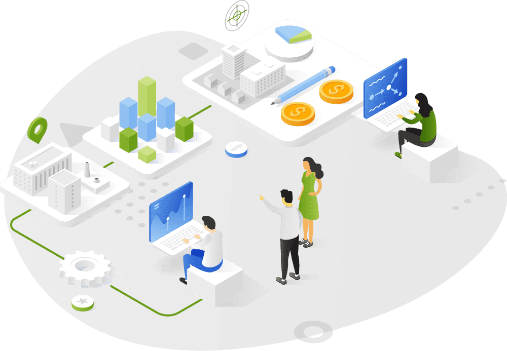 An illustration of several people working on computers connected to a value chain.